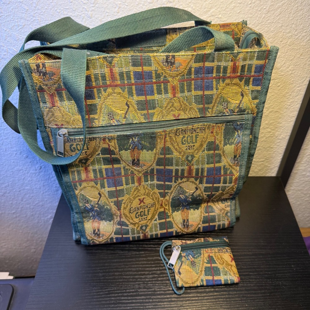 VTG 90s Tapestry Golf Tournament Tote Bag & Coin Purse Pouch Plaid Large Purse